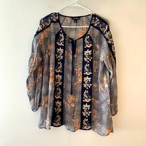 Lucky brand boho sheer blouse multicolor floral long sleeve